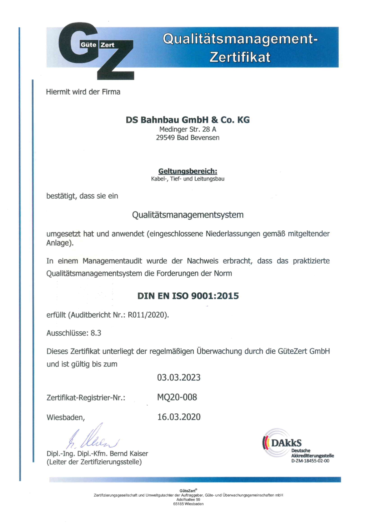 Qualitätsmanagement-Zertifikat von Güte Zert | DS Bahnbau Bad Bevensen